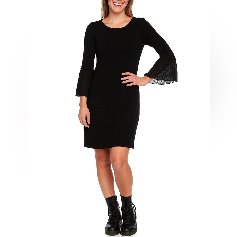 Black Sheer Pleated Bell Sleeve Sweater Dress